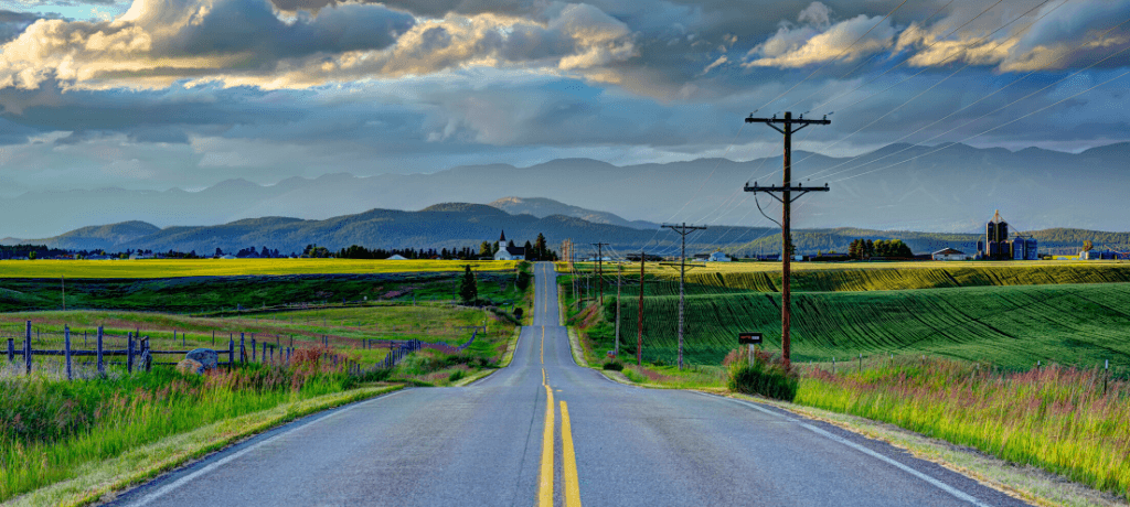 Mustard Seed Fields with a church the distance near Kalispell, Montana