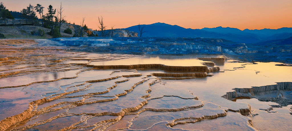 Mammoth Hot Springs in Yellowstone National Park at sunset